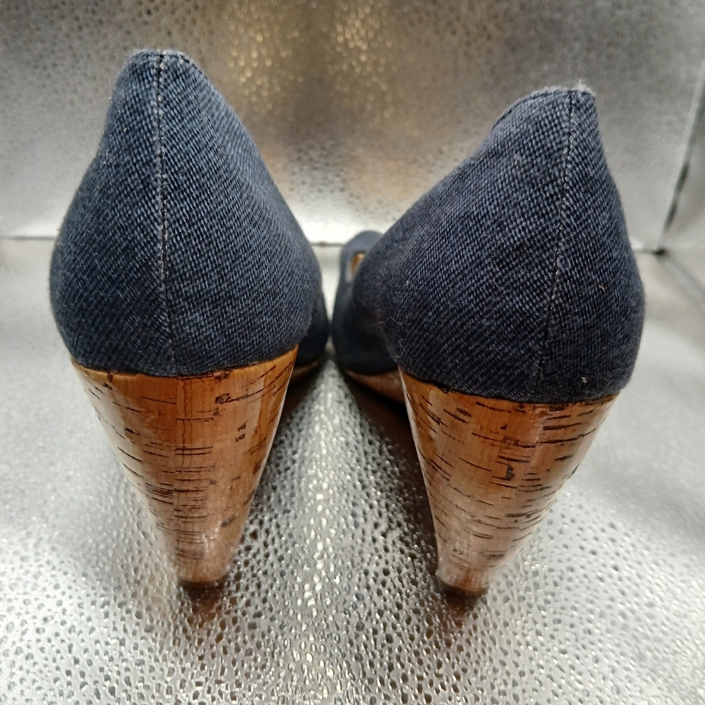 Nicole Miller Blue Denim Peep Toe Wedges Women's Size 10 - Picture 5 of 8